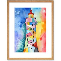 Artery8 Wall Art Print Lighthouse Concept With Rainbow Colour Sky Folk Art Watercolour Painting Artwork Framed 9X7 Inch in Beige | Size: W7" x H9"