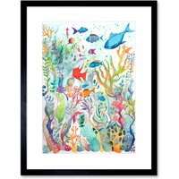 Artery8 Wall Art Print Aquatic Scene Marine Life Folk Art Watercolour Painting Artwork Framed 9X7 Inch in Black | Size: W7" x H9"