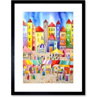 Artery8 Wall Art Print Market Square Scene Folk Art Watercolour Painting Artwork Framed 9X7 Inch in Black | Size: W7" x H9"