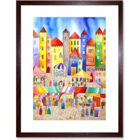 Artery8 Wall Art Print Market Square Scene Folk Art Watercolour Painting Artwork Framed 9X7 Inch in Brown | Size: W7" x H9"