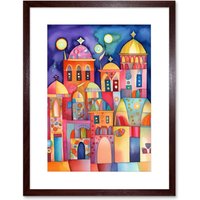 Artery8 Wall Art Print Brightly Decorated Buildings At Night Folk Art Watercolour Painting Artwork Framed 9X7 Inch in Brown | Size: W7" x H9"