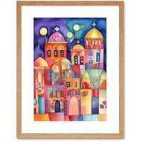 Artery8 Wall Art Print Brightly Decorated Buildings At Night Folk Art Watercolour Painting Artwork Framed 9X7 Inch in Beige | Size: W7" x H9"