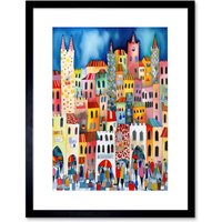 Artery8 Wall Art Print Busy Street Vertical Cityscape Folk Art Watercolour Painting Artwork Framed 9X7 Inch in Black | Size: W7" x H9"