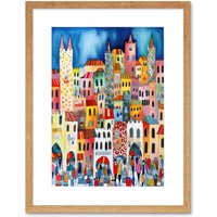 Artery8 Wall Art Print Busy Street Vertical Cityscape Folk Art Watercolour Painting Artwork Framed 9X7 Inch in Beige | Size: W7" x H9"