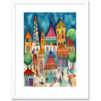 Artery8 Wall Art Print Town Market Square Afternoon Shoppers Folk Art Watercolour Painting Artwork Framed 9X7 Inch in White | Size: W7" x H9"