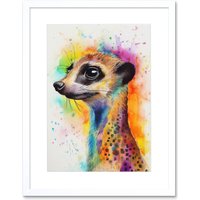 Artery8 Wall Art Print Meerkat Multicoloured Portrait Watercolour Painting Artwork Framed 9X7 Inch in White | Size: W7" x H9"