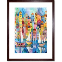 Artery8 Wall Art Print Modern Marina Colourful Cityscape Pattern Folk Art Watercolour Painting Artwork Framed 9X7 Inch in Brown | Size: W7" x H9"
