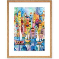 Artery8 Wall Art Print Modern Marina Colourful Cityscape Pattern Folk Art Watercolour Painting Artwork Framed 9X7 Inch in Beige | Size: W7" x H9"