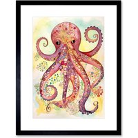 Artery8 Wall Art Print Octopus Portrait Bright Folk Art Watercolour Painting Artwork Framed 9X7 Inch in Black | Size: W7" x H9"