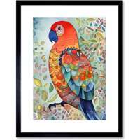 Artery8 Wall Art Print Parrot Bird Portrait Folk Art Watercolour Painting Artwork Framed 9X7 Inch in Black | Size: W7" x H9"