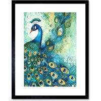 Artery8 Wall Art Print Peacock Bird Concept Folk Art Watercolour Painting Artwork Framed 9X7 Inch in Black | Size: W7" x H9"
