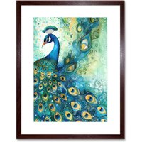 Artery8 Wall Art Print Peacock Bird Concept Folk Art Watercolour Painting Artwork Framed 9X7 Inch in Brown | Size: W7" x H9"