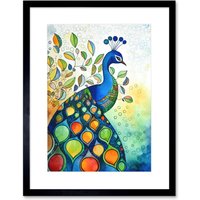 Artery8 Wall Art Print Peacock Bird Folk Art Watercolour Painting Artwork Framed 9X7 Inch in Black | Size: W7" x H9"