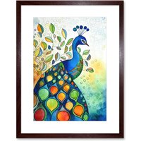 Artery8 Wall Art Print Peacock Bird Folk Art Watercolour Painting Artwork Framed 9X7 Inch in Brown | Size: W7" x H9"