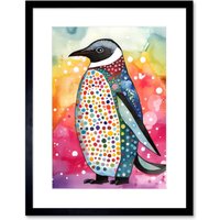 Artery8 Wall Art Print Cute Multicoloured Spot Penguin Folk Artwork Framed 9X7 Inch in Black | Size: W7" x H9"