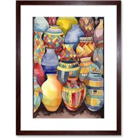 Artery8 Wall Art Print Glazed Ceramic Pot Vases Folk Artwork Framed 9X7 Inch in Brown | Size: W7" x H9"