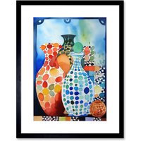 Artery8 Wall Art Print Polka Dot Glazed Porcelain Ceramic Vases Folk Artwork Framed 9X7 Inch in Black | Size: W7" x H9"