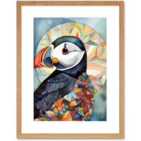 Artery8 Wall Art Print Puffin Bird Portrait Folk Artwork Framed 9X7 Inch in Beige | Size: W7" x H9"