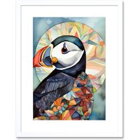 Artery8 Wall Art Print Puffin Bird Portrait Folk Artwork Framed 9X7 Inch in White | Size: W7" x H9"
