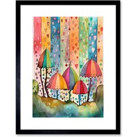Artery8 Wall Art Print Candy Land Rain Rainbow Folk Artwork Framed 9X7 Inch in Black | Size: W7" x H9"