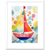 Artery8 Wall Art Print Sailboat At Sunset Folk Artwork Framed 9X7 Inch in White | Size: W7" x H9"