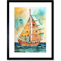 Artery8 Wall Art Print Sailboat Concept With Dorsal Fin Sail Folk Artwork Framed 9X7 Inch in Black | Size: W7" x H9"