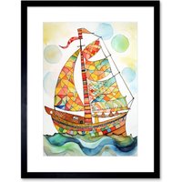 Artery8 Wall Art Print Sailing Ship At Sunrise Folk Artwork Framed 9X7 Inch in Black | Size: W7" x H9"