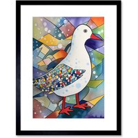 Artery8 Wall Art Print Seagull Bird & Snowflakes Folk Artwork Framed 9X7 Inch in Black | Size: W7" x H9"