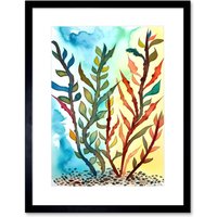 Artery8 Wall Art Print Seaweed Sea Floor Folk Artwork Framed 9X7 Inch in Black | Size: W7" x H9"