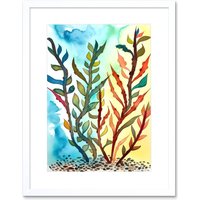 Artery8 Wall Art Print Seaweed Sea Floor Folk Artwork Framed 9X7 Inch in White | Size: W7" x H9"