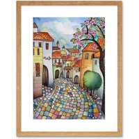 Artery8 Wall Art Print Village Cobbled Street Cherry Blossom Folk Artwork Framed 9X7 Inch in Beige | Size: W7" x H9"