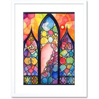 Artery8 Wall Art Print Stained Glass Window Folk Art Abstract Artwork Framed 9X7 Inch in White | Size: W7" x H9"