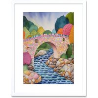 Artery8 Wall Art Print Modern Folk Art Countryside Bridge Artwork Framed 9X7 Inch in White | Size: W7" x H9"