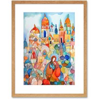 Artery8 Wall Art Print Abstract Moroccan Cityscape Folk Artwork Framed 9X7 Inch in Beige | Size: W7" x H9"