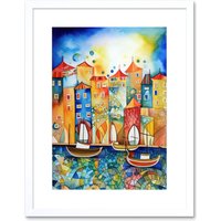 Artery8 Wall Art Print Abstract Sailing Seafront Folk Artwork Framed 9X7 Inch in White | Size: W7" x H9"