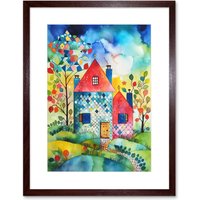 Artery8 Wall Art Print Farmhouse In The Flowers Folk Artwork Framed 9X7 Inch in Brown | Size: W7" x H9"