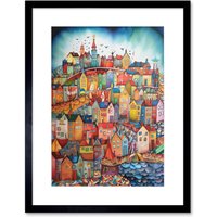 Artery8 Wall Art Print Abstract Fishing Village Folk Artwork Framed 9X7 Inch in Black | Size: W7" x H9"