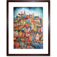Artery8 Wall Art Print Abstract Fishing Village Folk Artwork Framed 9X7 Inch in Brown | Size: W7" x H9"