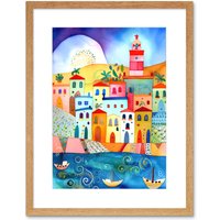 Artery8 Wall Art Print Tunisia Seaside Town Folk Artwork Framed 9X7 Inch in Beige | Size: W7" x H9"