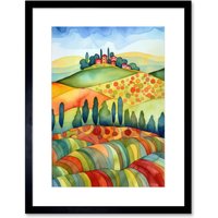 Artery8 Wall Art Print Landscape Of Tuscany House On The Hill Folk Artwork Framed 9X7 Inch in Black | Size: W7" x H9"