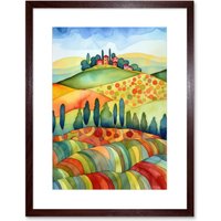 Artery8 Wall Art Print Landscape Of Tuscany House On The Hill Folk Artwork Framed 9X7 Inch in Brown | Size: W7" x H9"