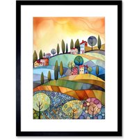 Artery8 Wall Art Print Italian Countryside Midsummer Landscape Folk Artwork Framed 9X7 Inch in Black | Size: W7" x H9"