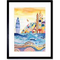 Artery8 Wall Art Print Abstract Seascape Waves On Beach Folk Art Bathroom Artwork Framed 9X7 Inch in Black | Size: W7" x H9"