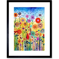 Artery8 Wall Art Print Tall Mixed Flowers Folk Art Watercolour Painting Artwork Framed 9X7 Inch in Black | Size: W7" x H9"