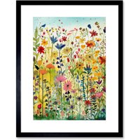 Artery8 Wall Art Print Mixed Wildflower Bloom In Meadow Folk Artwork Framed 9X7 Inch in Black | Size: W7" x H9"