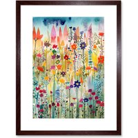 Artery8 Wall Art Print Layered Spring Flower Field Folk Artwork Framed 9X7 Inch in Brown | Size: W7" x H9"