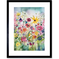 Artery8 Wall Art Print Bright Wildflower Floral Blooms Folk Artwork Framed 9X7 Inch in Black | Size: W7" x H9"