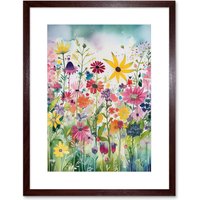Artery8 Wall Art Print Bright Wildflower Floral Blooms Folk Artwork Framed 9X7 Inch in Brown | Size: W7" x H9"