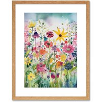 Artery8 Wall Art Print Bright Wildflower Floral Blooms Folk Artwork Framed 9X7 Inch in Beige | Size: W7" x H9"