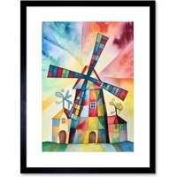 Artery8 Wall Art Print Windmill Folk Art Abstract Bright Artwork Framed 9X7 Inch in Black | Size: W7" x H9"